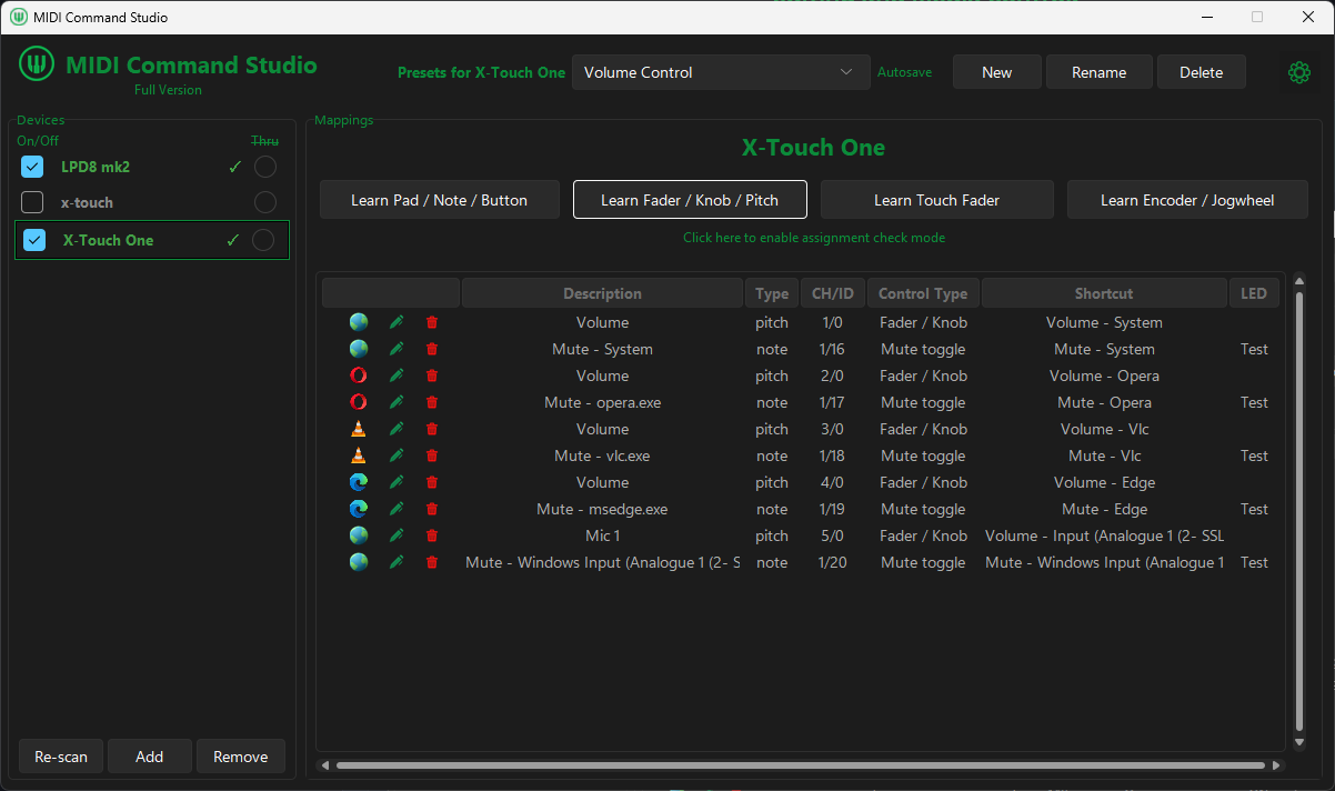 MIDI Command Studio preset for system volume, app volume, input volume and mute control